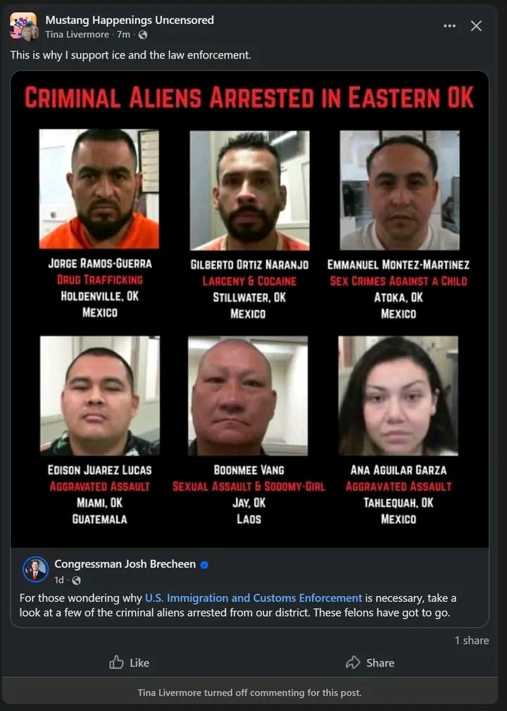 Six Criminals Aliens Arrested in Mustang Oklahoma by ICE. Notorious for Drugs and Rape